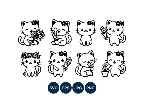 Download Cute Cat Flower Line Art Vector - Flower Collection