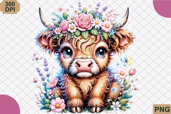 Download Boho Highland Cow and Pink Flowers PNG - Flower Collection